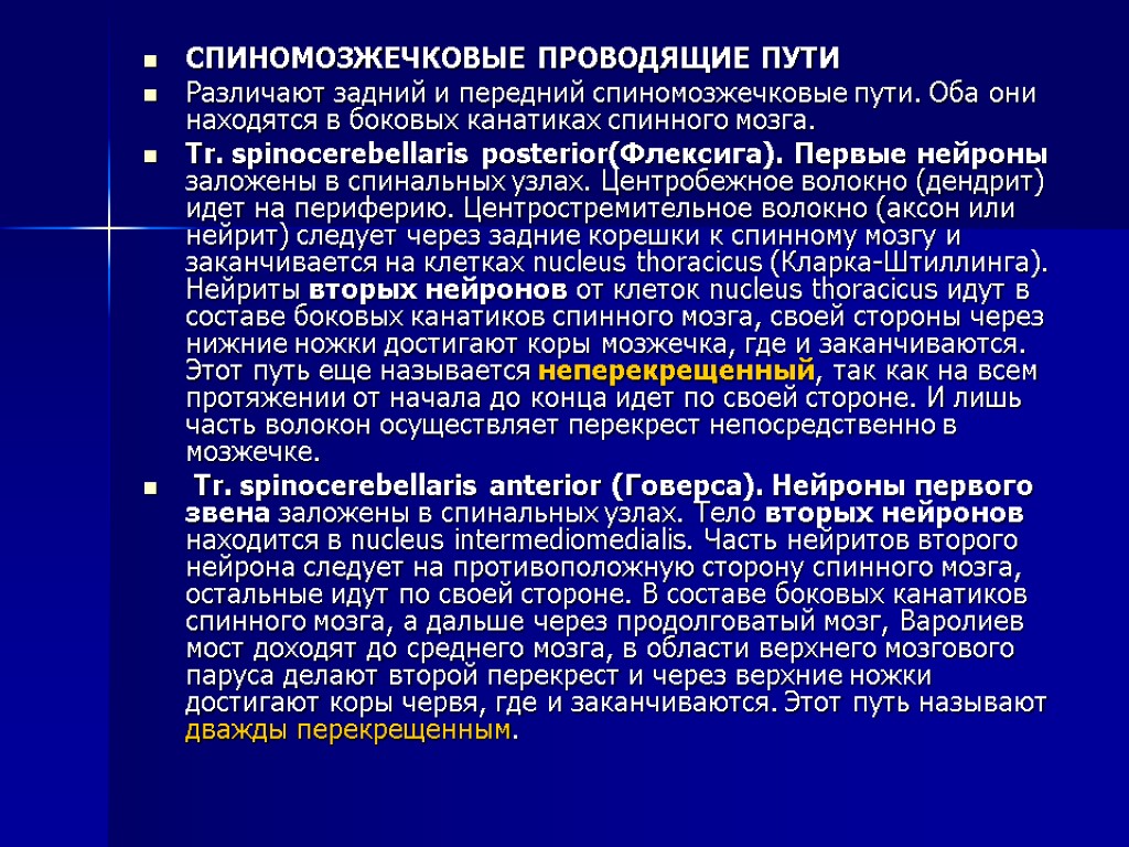 СПИНОМОЗЖЕЧКОВЫЕ ПРОВОДЯЩИЕ ПУТИ Различают задний и передний спиномозжечковые пути. Оба они находятся в боковых